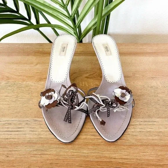 ❤️SOLD❤️Prada Women's Sz 37.5 US 7.5 Lavender Purple Leather Floral Strap Mules - Picture 2 of 11